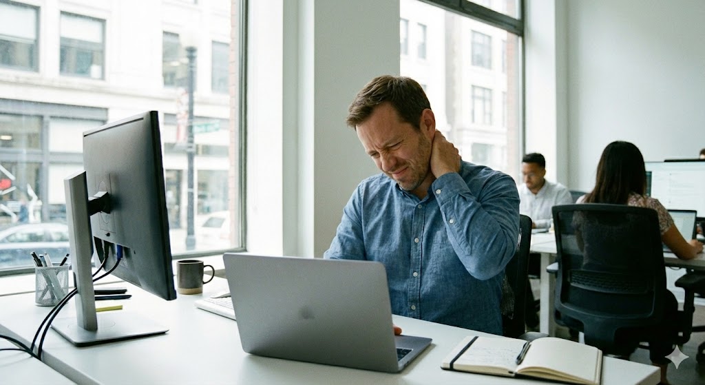 Utilisation du masseur chauffant Luma Sensation pour soulager les tensions des trapèzes après le travail.