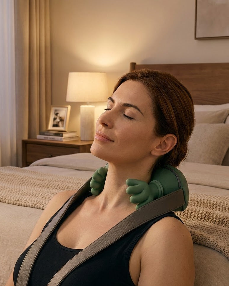 Femme aux yeux fermés utilisant le masseur cervical shiatsu vert Luma Sensation avec sangles de contrôle dans un salon lumineux, soulageant les tensions du cou par pétrissage profond.