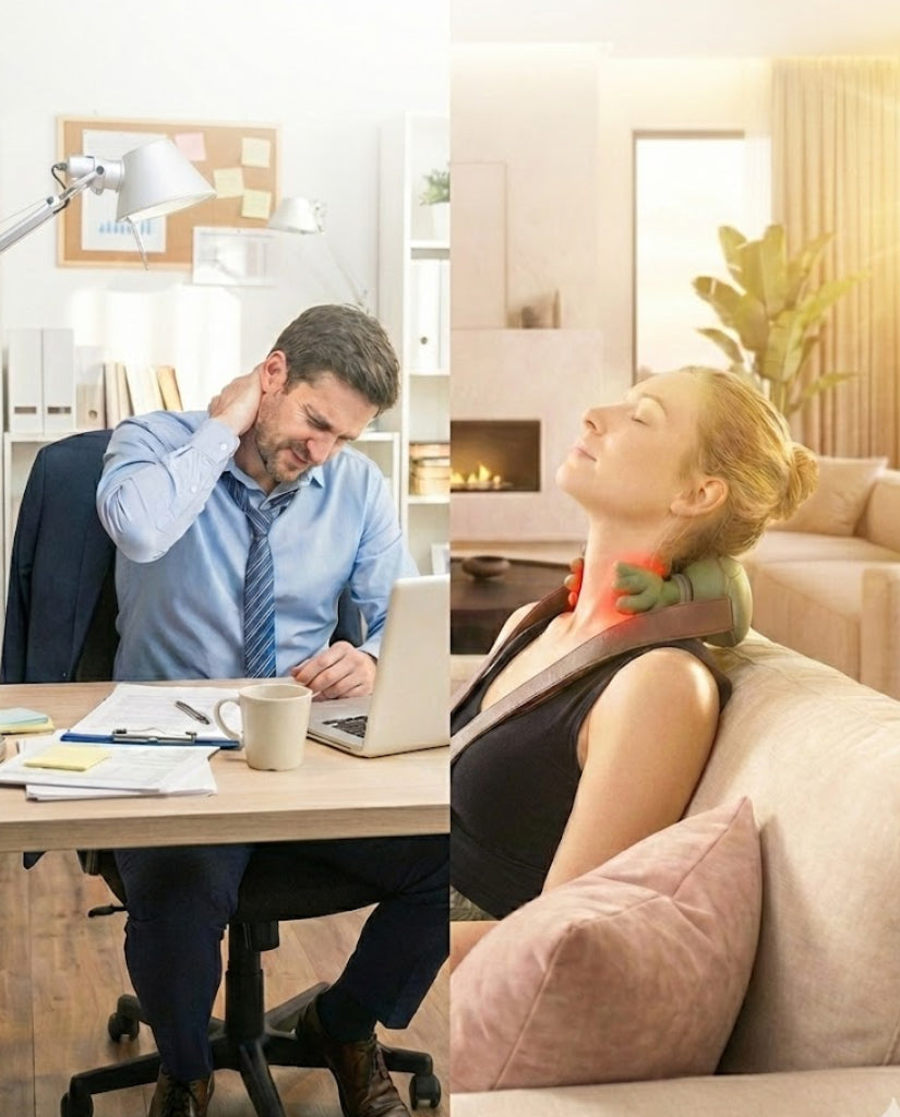 Homme stressé au bureau vs Femme détendue utilisant le masseur cervical Shiatsu Luma Sensation avec chaleur infrarouge.