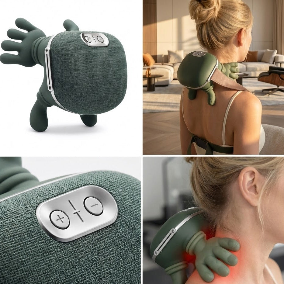 Femme utilisant masseur cervical shiatsu à domicile pour soulager tensions musculaires et stress.angle
