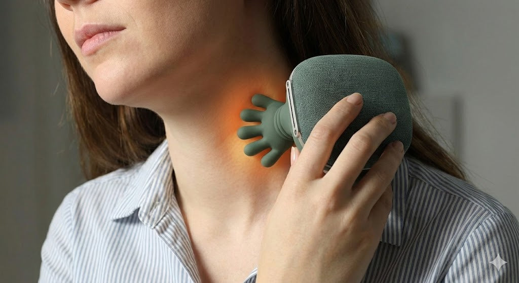 Femme utilisant masseur cervical shiatsu à domicile pour soulager tensions musculaires et stress rapproché 